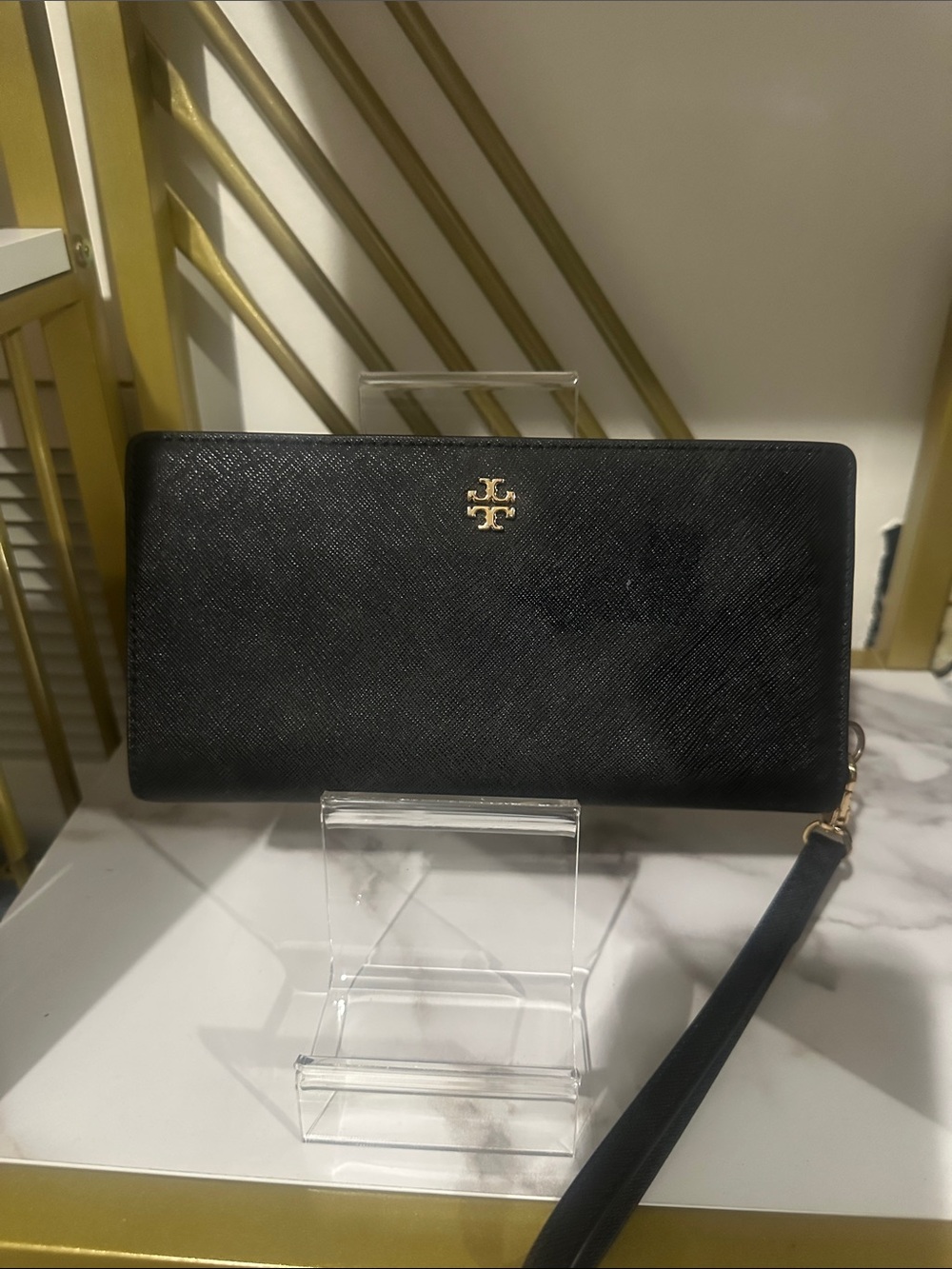Tory Burch Black Leather Zip Wristlet with Gold Logo